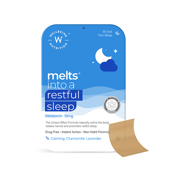 Wellbeing Nutrition Melts Restful Sleep- Drug-free, 10mg Plant-Based Melatonin for Insomnia Relief (30 Strips)